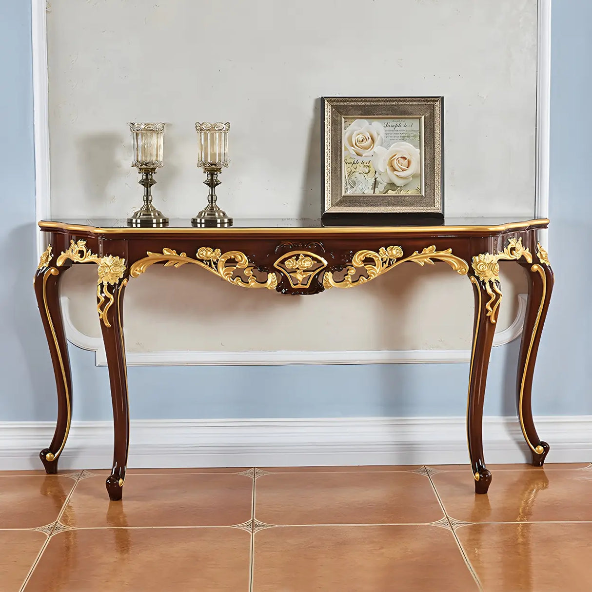Stain Resistant Ornate Mahogany Brown Baroque Console Table Image - 5