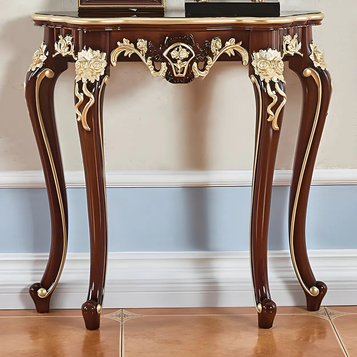 Stain Resistant Ornate Mahogany Brown Baroque Console Table Image - 6