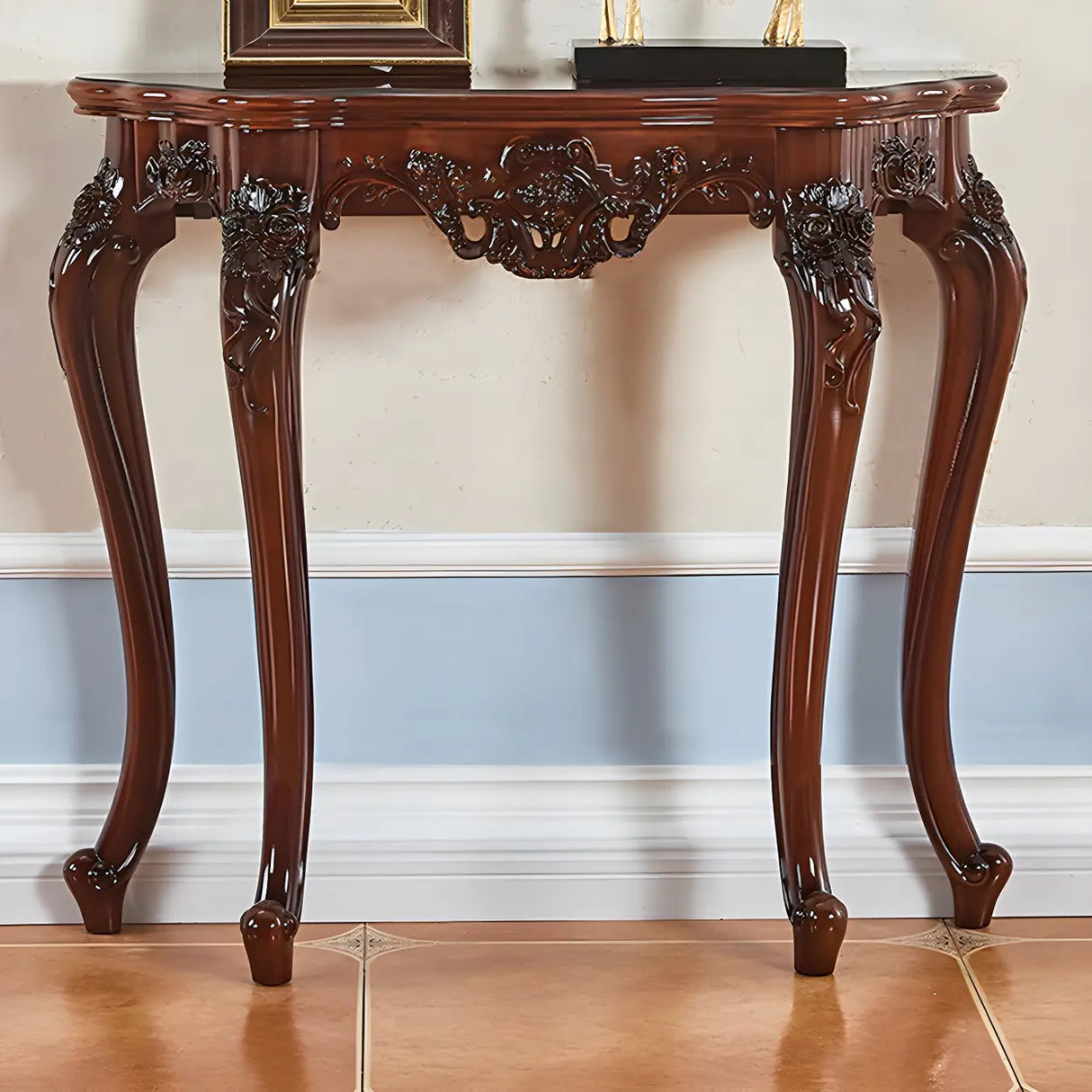 Stain Resistant Ornate Mahogany Brown Baroque Console Table Image - 8