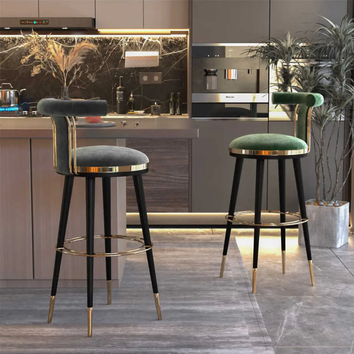 Stainless Steel Frame Round Bar Stool with Curved Back Image - 1