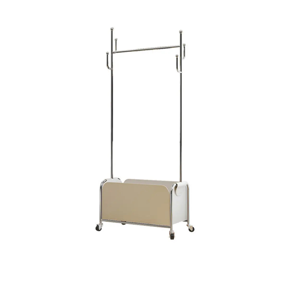 Stainless Steel Hooks Storage Wheels Coat Rack with Basket Image - 3