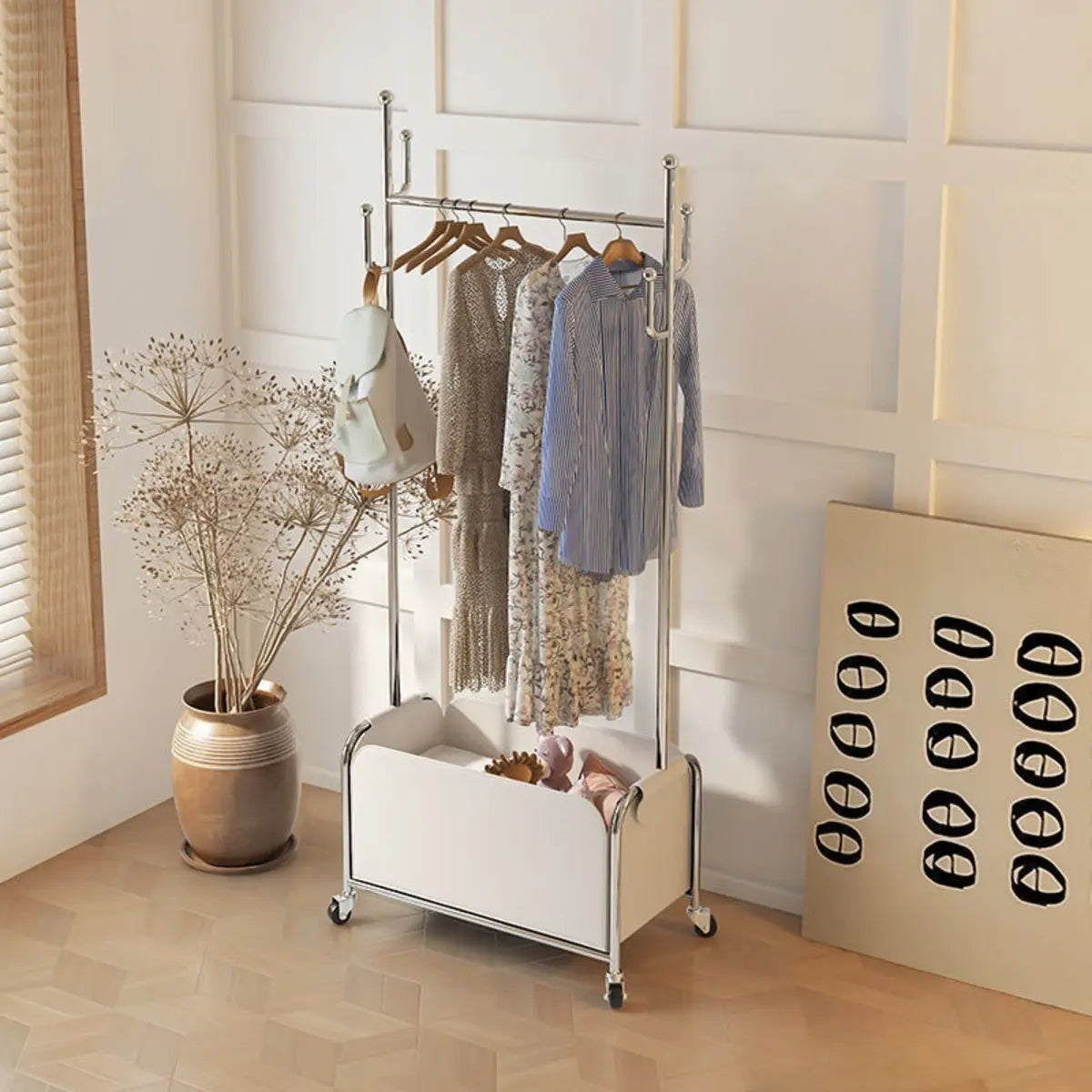 Stainless Steel Hooks Storage Wheels Coat Rack with Basket Image - 4