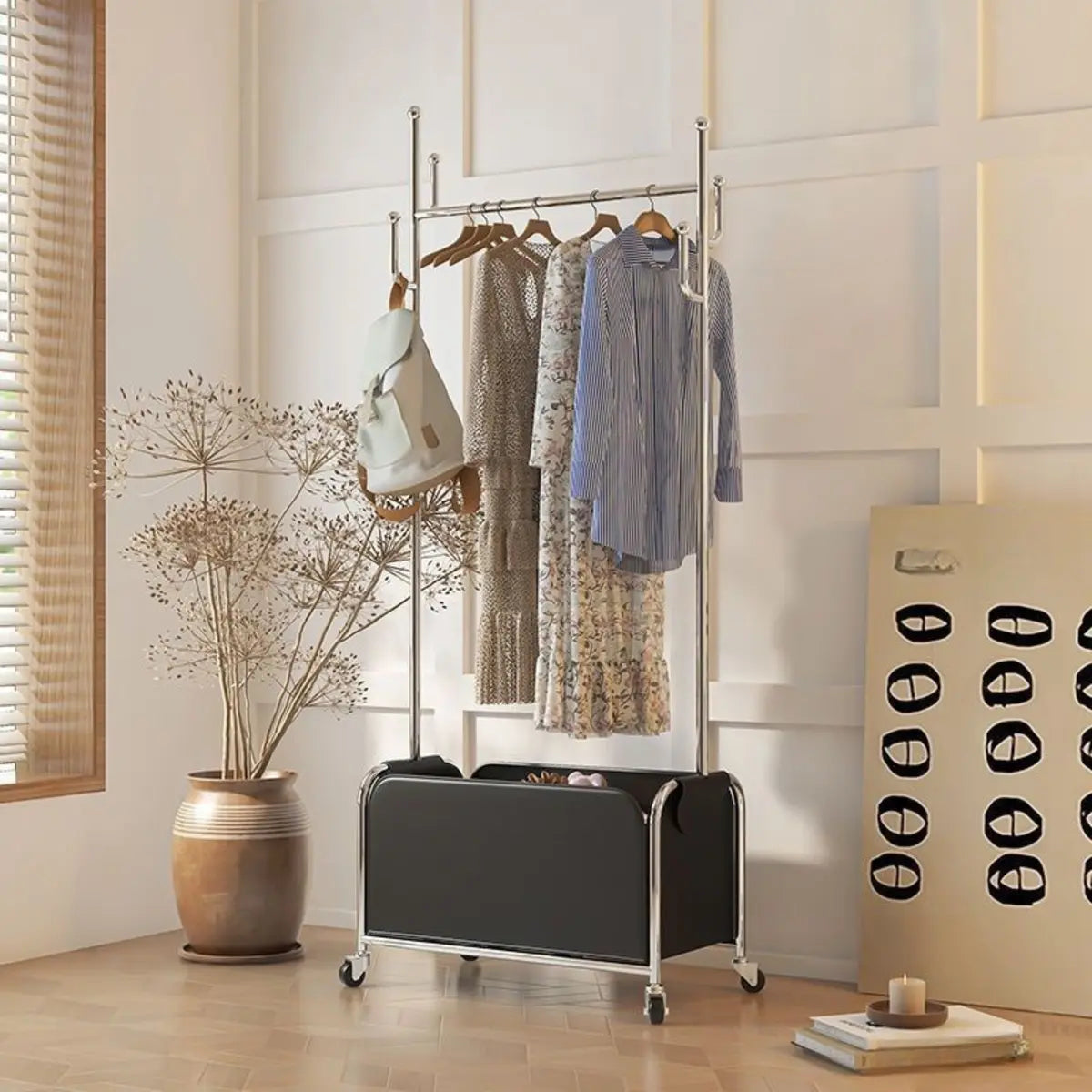 Stainless Steel Hooks Storage Wheels Coat Rack with Basket Image - 7