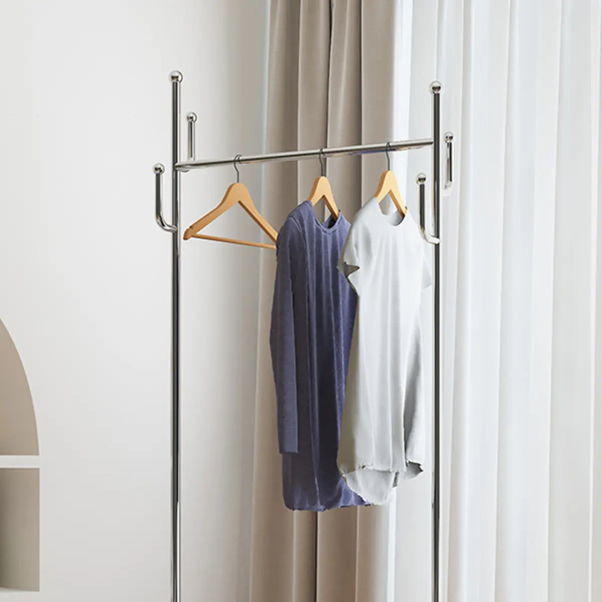 Stainless Steel Hooks Storage Wheels Coat Rack with Basket Image - 8