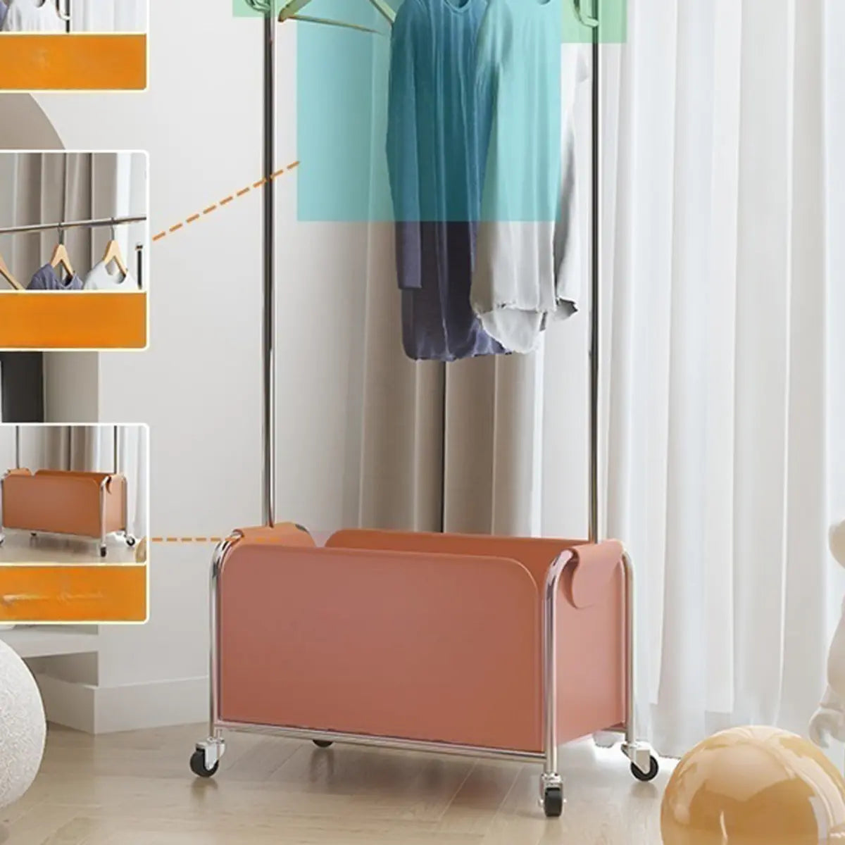 Stainless Steel Hooks Storage Wheels Coat Rack with Basket Image - 9