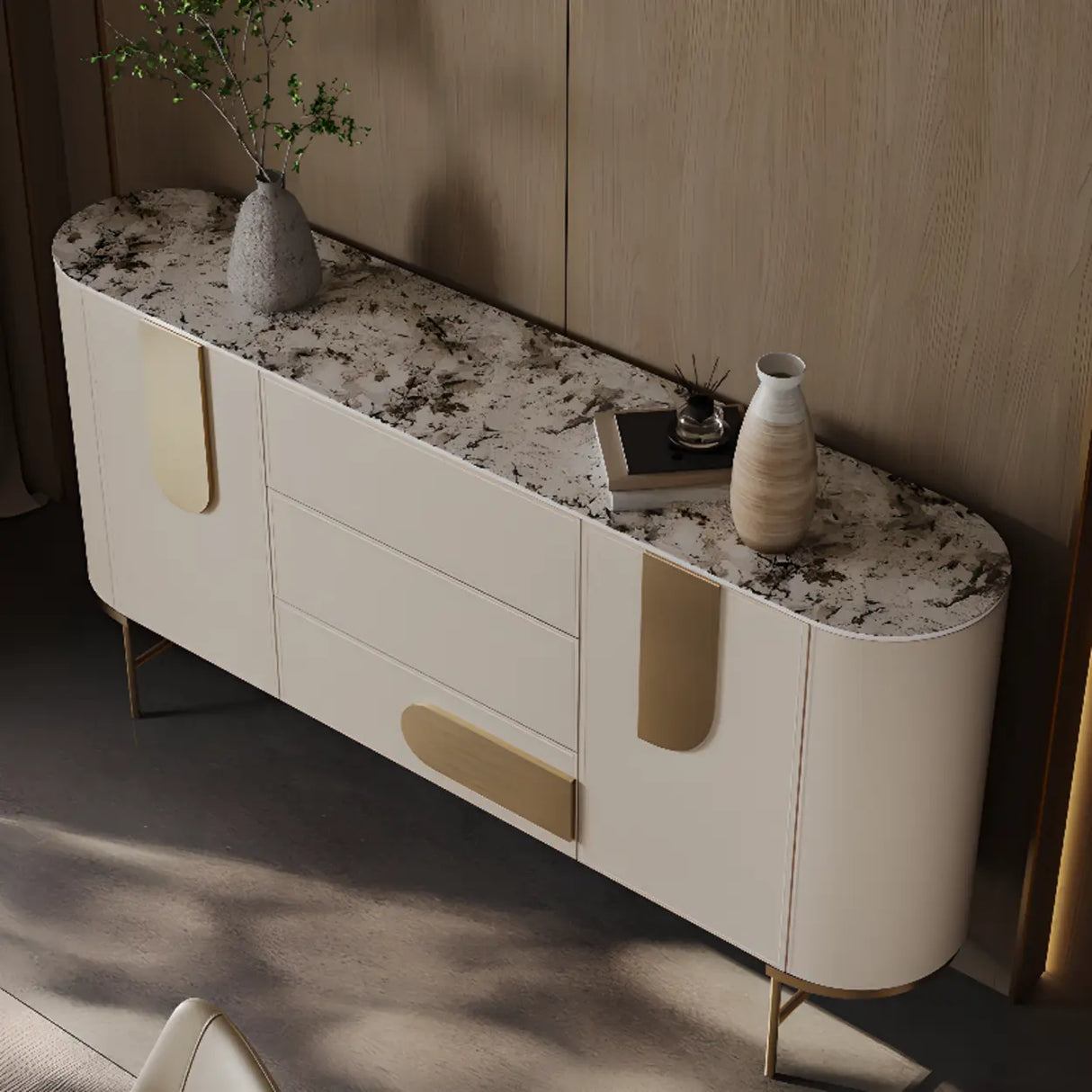 Stainless Steel Oval Marble-Top Storage Console Table Image - 1