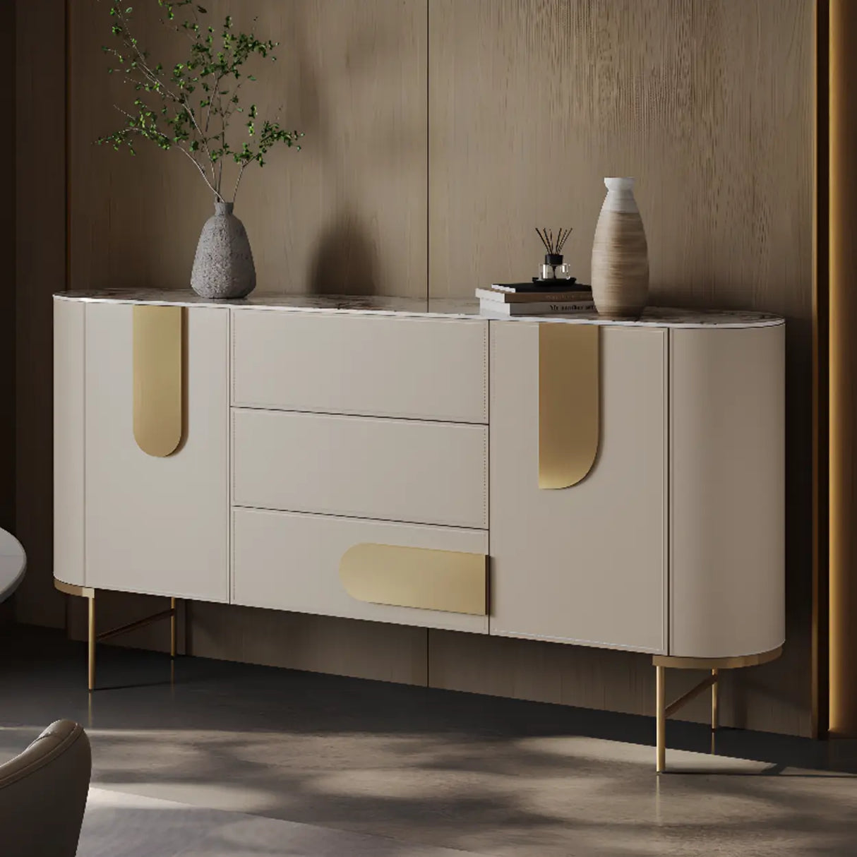 Stainless Steel Oval Marble-Top Storage Console Table Image - 4