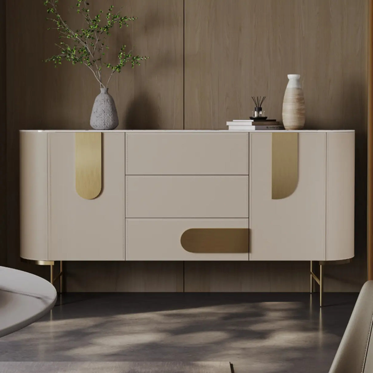 Stainless Steel Oval Marble-Top Storage Console Table Image - 6