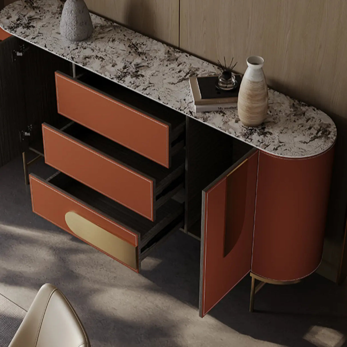 Stainless Steel Oval Marble-Top Storage Console Table Image - 8