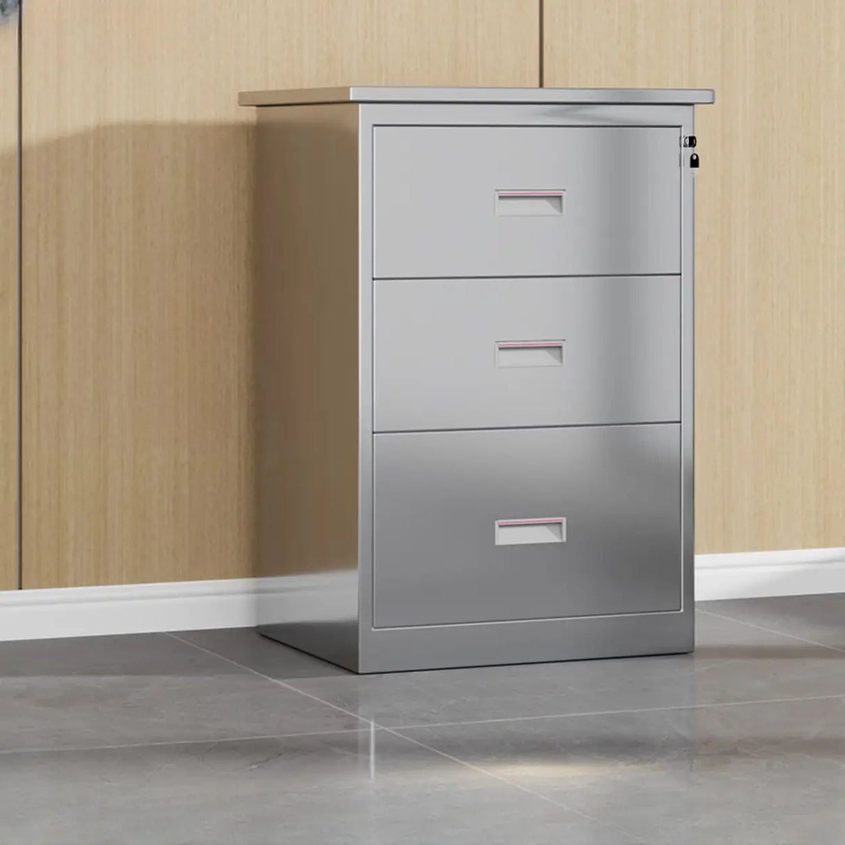 Stainless Steel Vertical Silver Filing Cabinet with Lock Image - 13