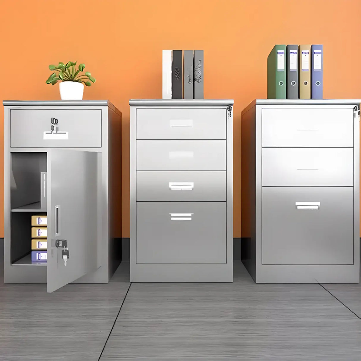 Stainless Steel Vertical Silver Filing Cabinet with Lock Image - 1