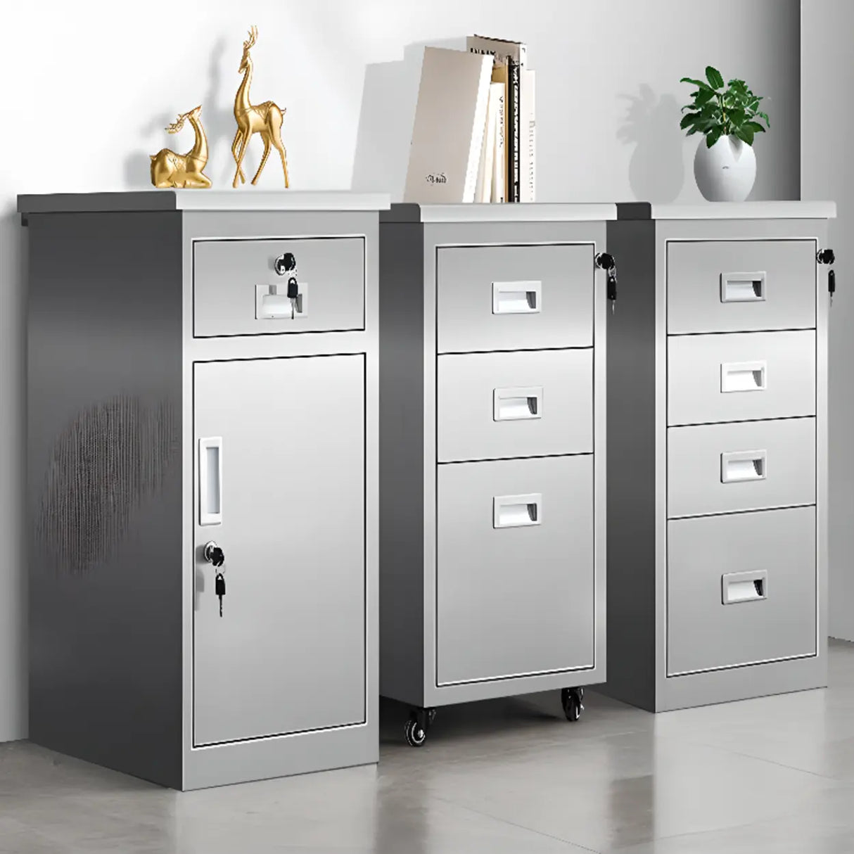 Stainless Steel Vertical Silver Filing Cabinet with Lock Image - 4