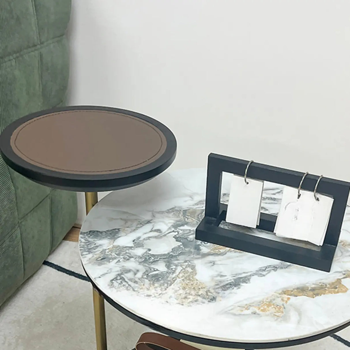 Standard Height Grey Steel Base Round Marble End Table Image - 10