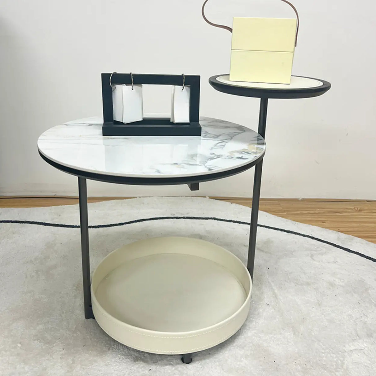 Standard Height Grey Steel Base Round Marble End Table Image - 5