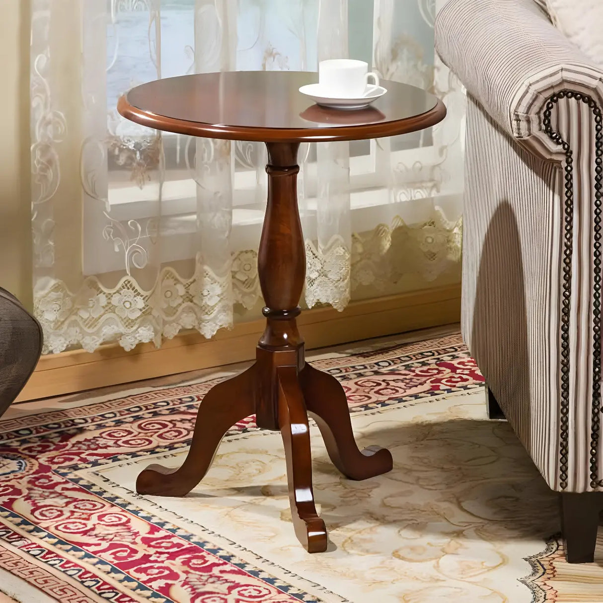 Standard Round Wood Frame Brown Tripod End Table Image - 1