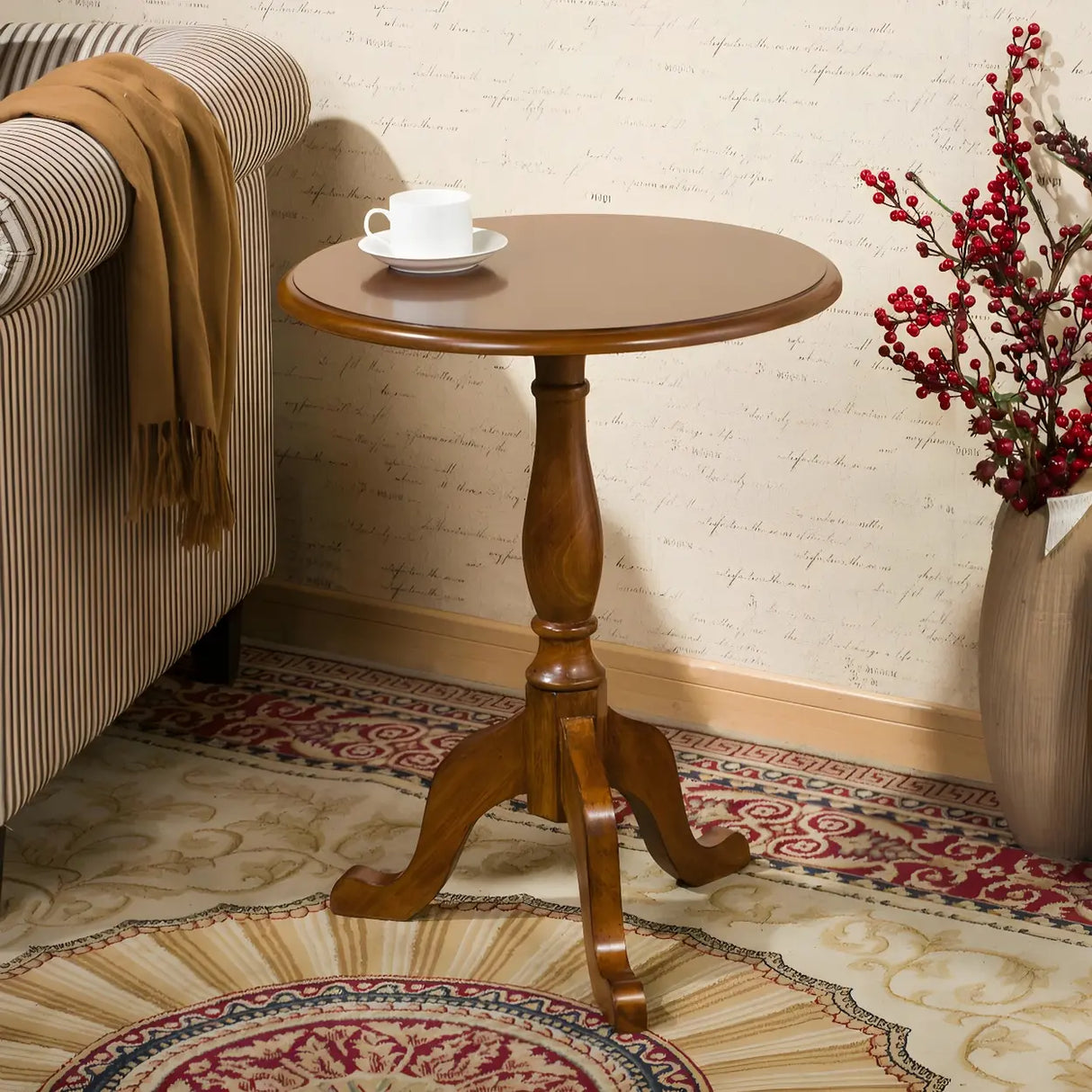 Standard Round Wood Frame Brown Tripod End Table Image - 8