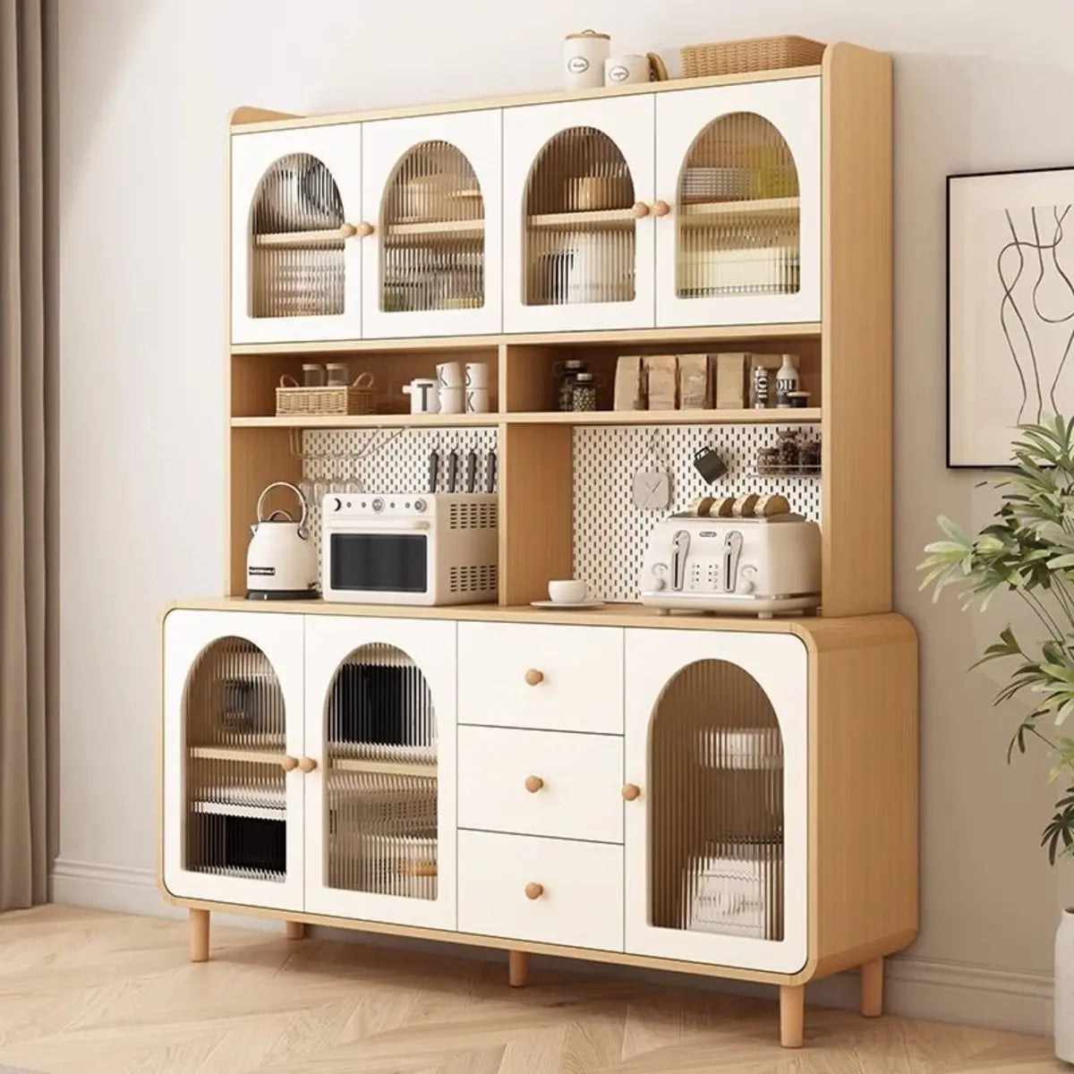 Standard Size Arched Door Cream Glazed Open Storage Buffet Image - 1