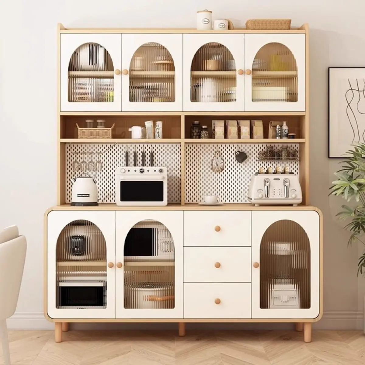 Standard Size Arched Door Cream Glazed Open Storage Buffet Image - 3