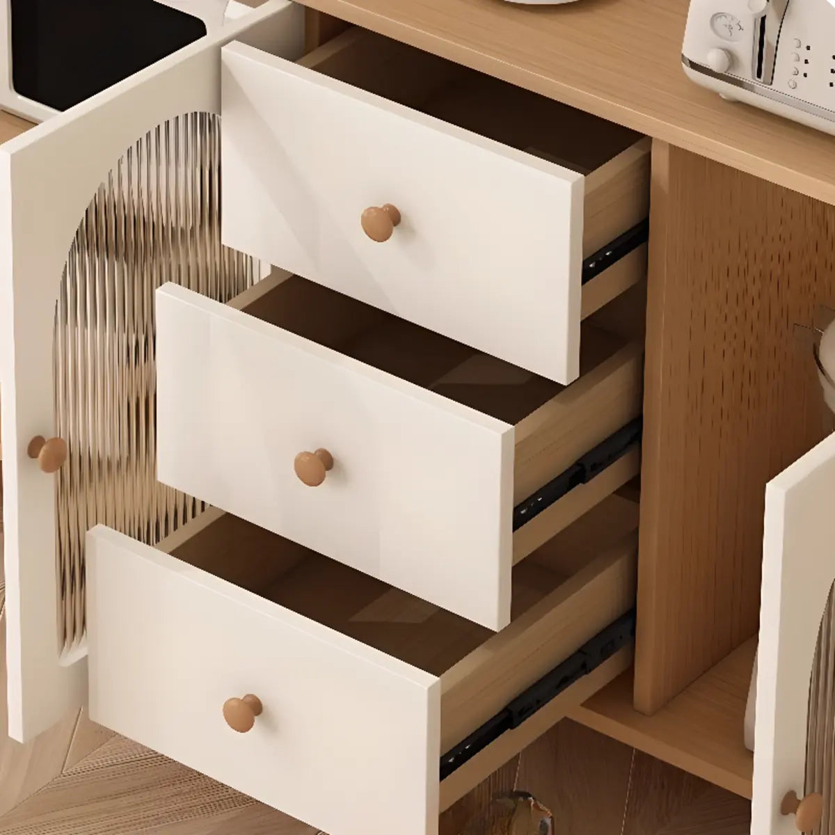 Standard Size Arched Door Cream Glazed Open Storage Buffet Image - 5