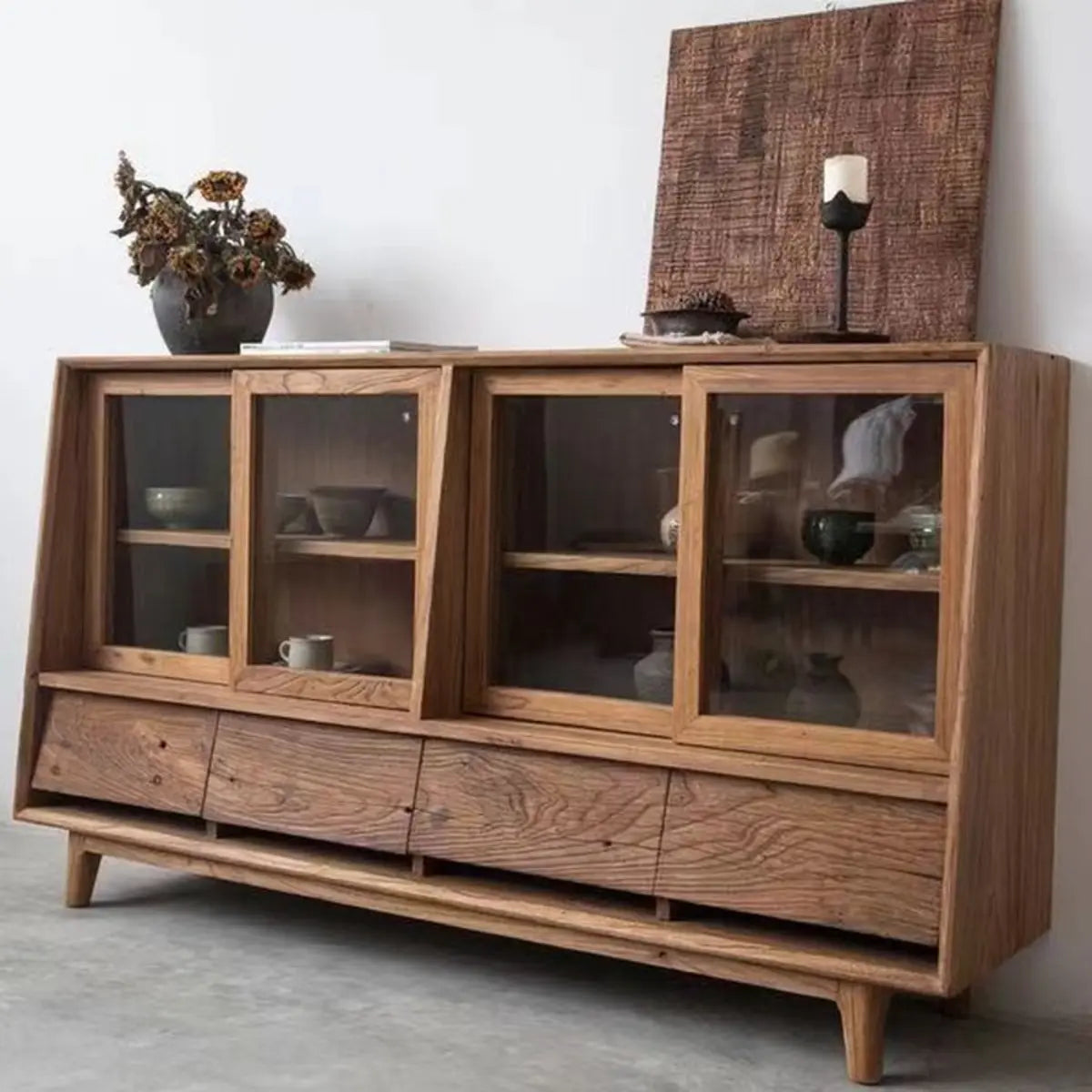 Standard Size Oak Natural Sliding Clear Doors Buffet Cabinet Image - 1