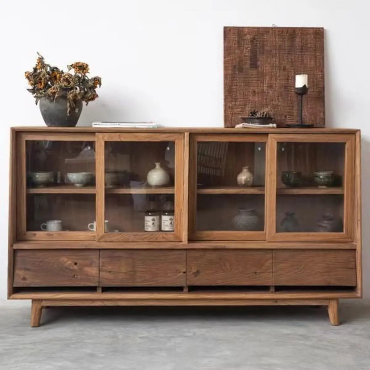 Standard Size Oak Natural Sliding Clear Doors Buffet Cabinet Image - 2