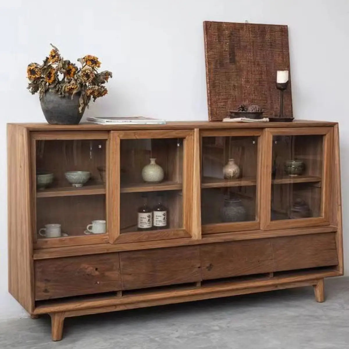 Standard Size Oak Natural Sliding Clear Doors Buffet Cabinet Image - 3