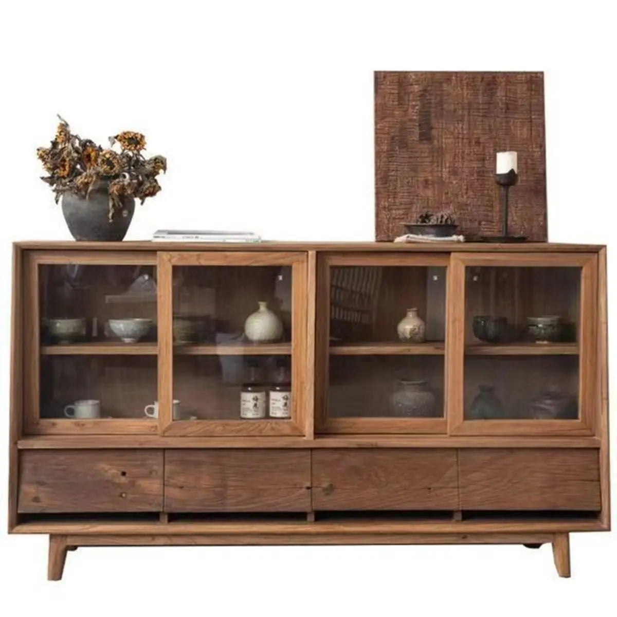 Standard Size Oak Natural Sliding Clear Doors Buffet Cabinet Image - 4