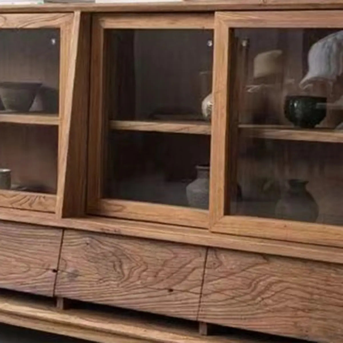 Standard Size Oak Natural Sliding Clear Doors Buffet Cabinet Image - 5