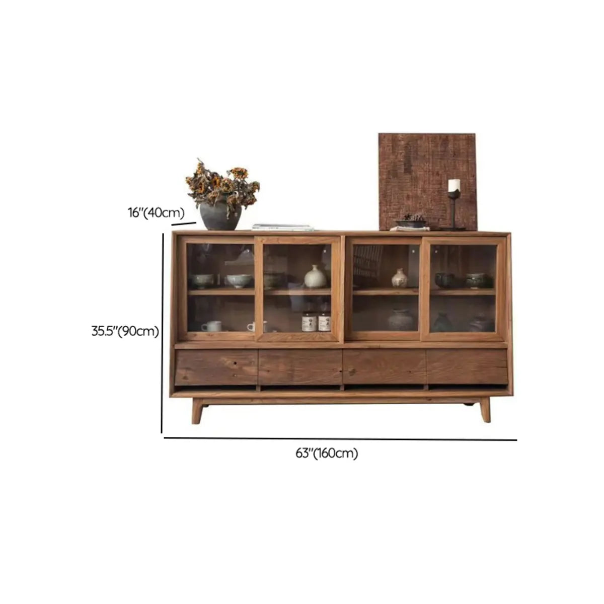 Standard Size Oak Natural Sliding Clear Doors Buffet Cabinet