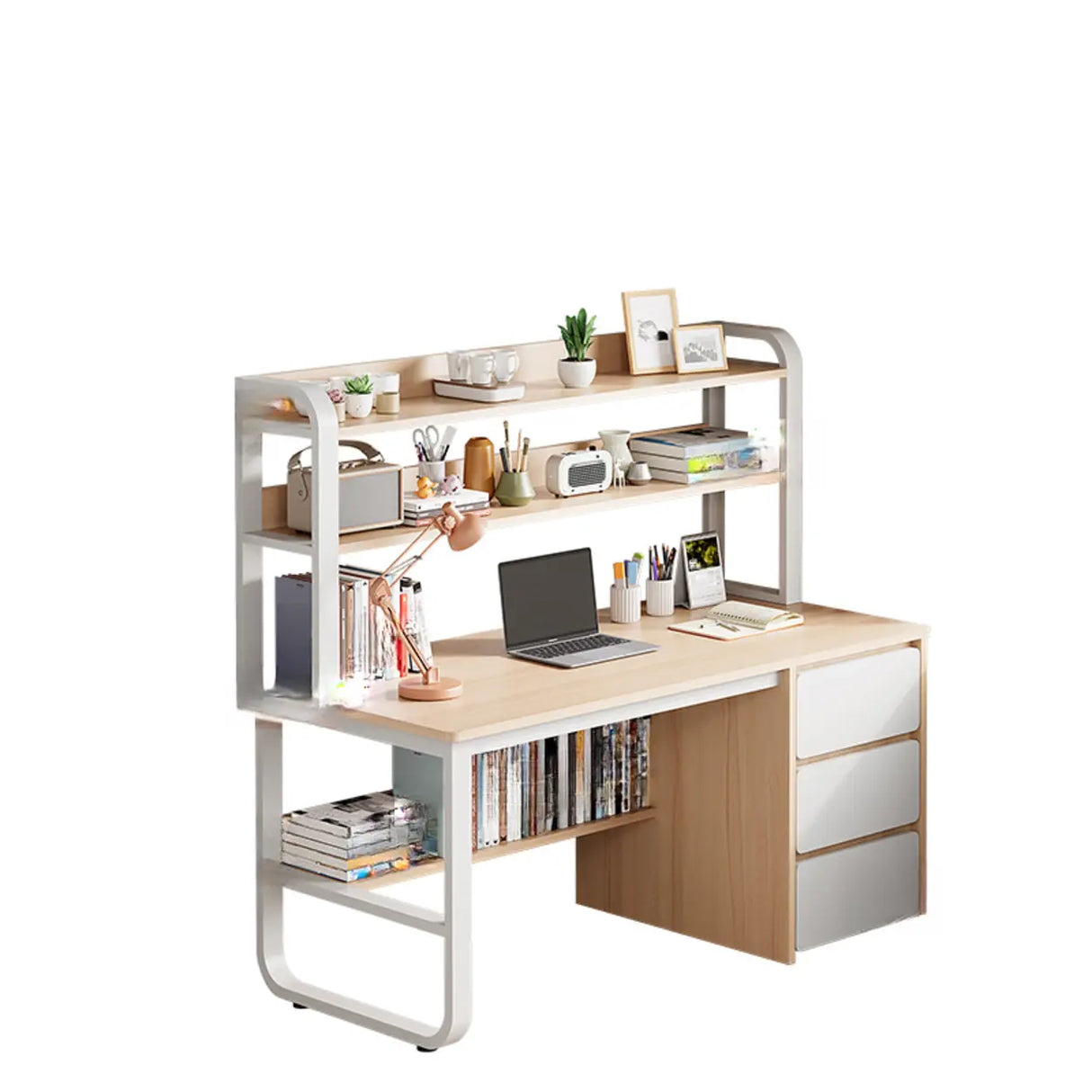 Standard Wooden Writing Desk with Drawers and Shelves Image - 10