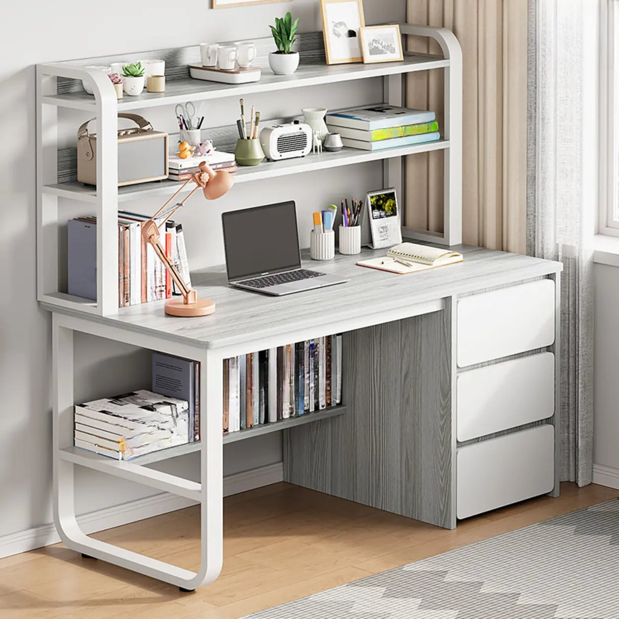Standard Wooden Writing Desk with Drawers and Shelves Image - 11