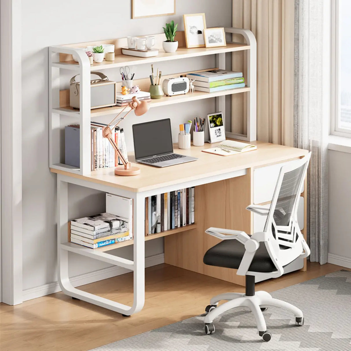 Standard Wooden Writing Desk with Drawers and Shelves Image - 1