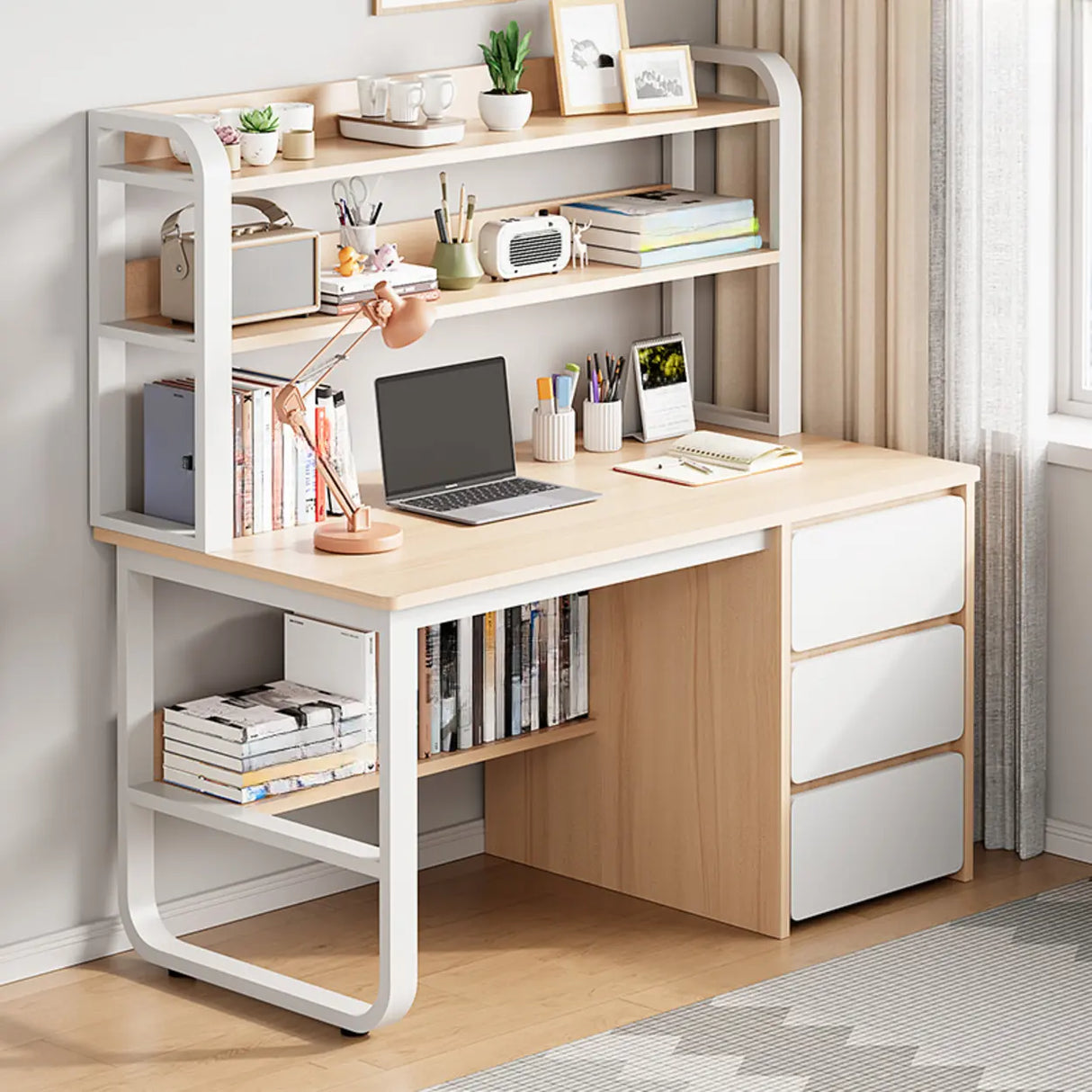 Standard Wooden Writing Desk with Drawers and Shelves Image - 2