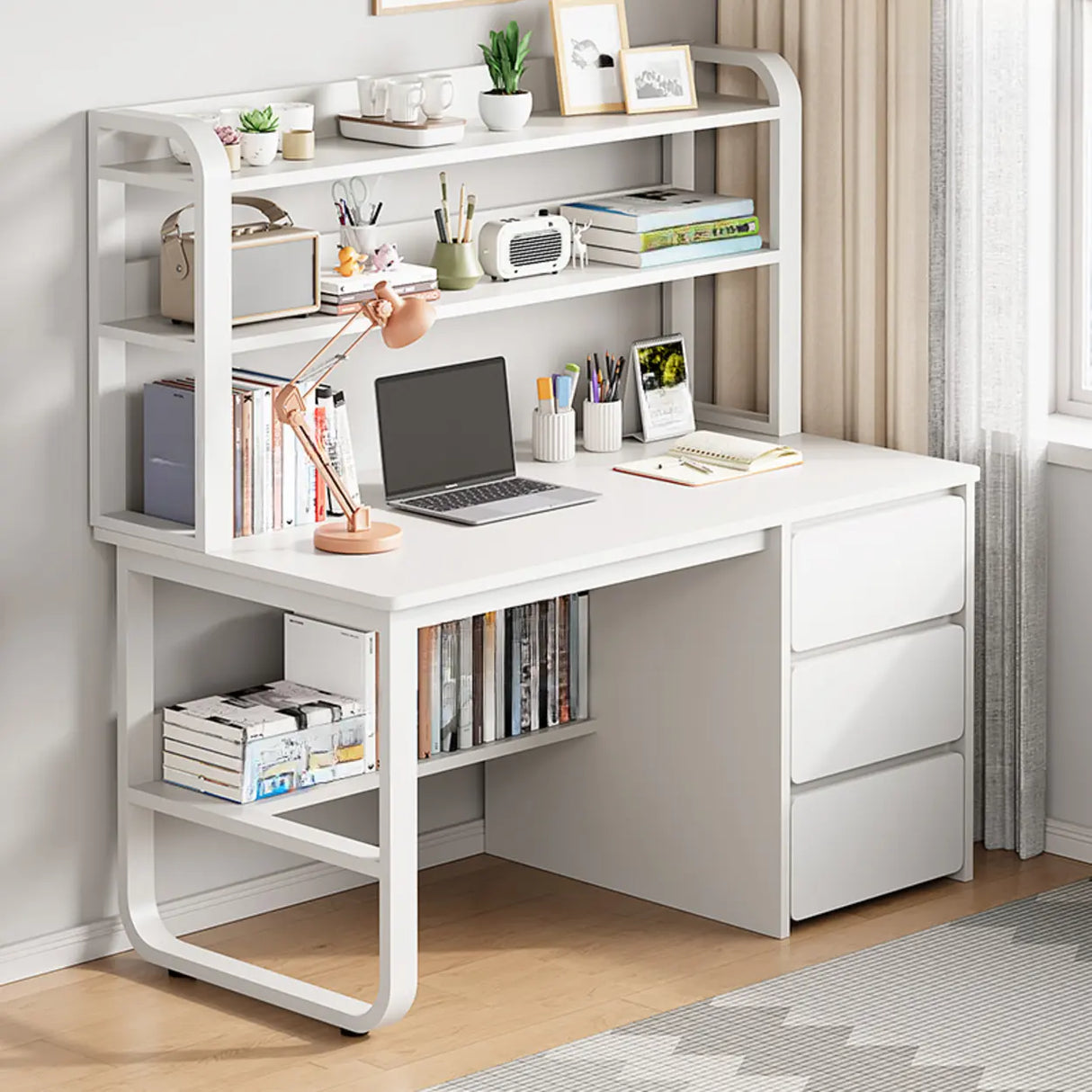 Standard Wooden Writing Desk with Drawers and Shelves Image - 3