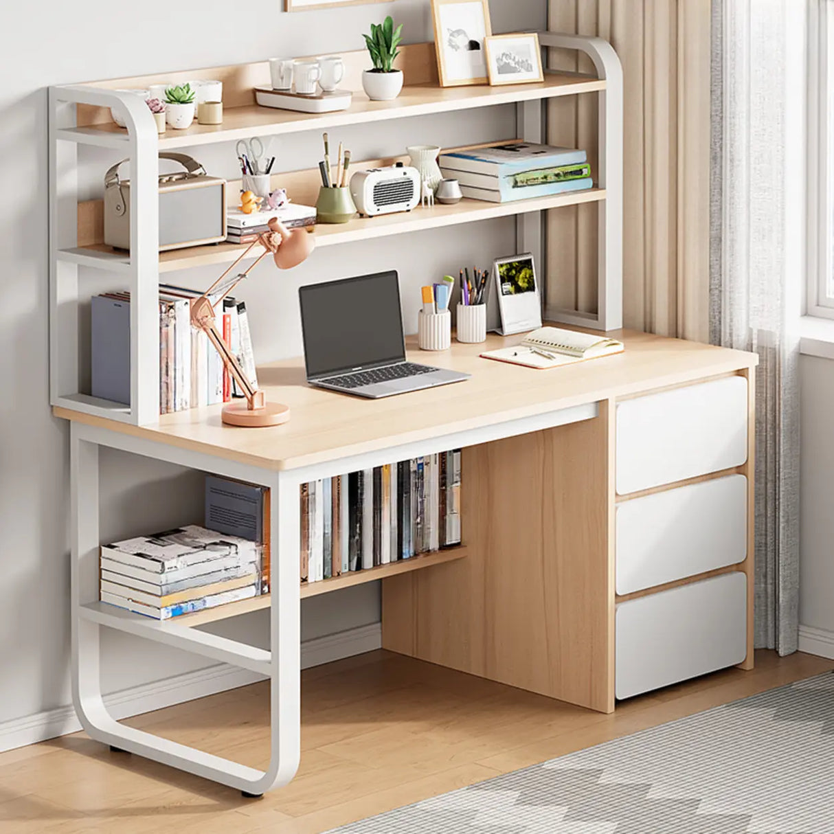 Standard Wooden Writing Desk with Drawers and Shelves Image - 7