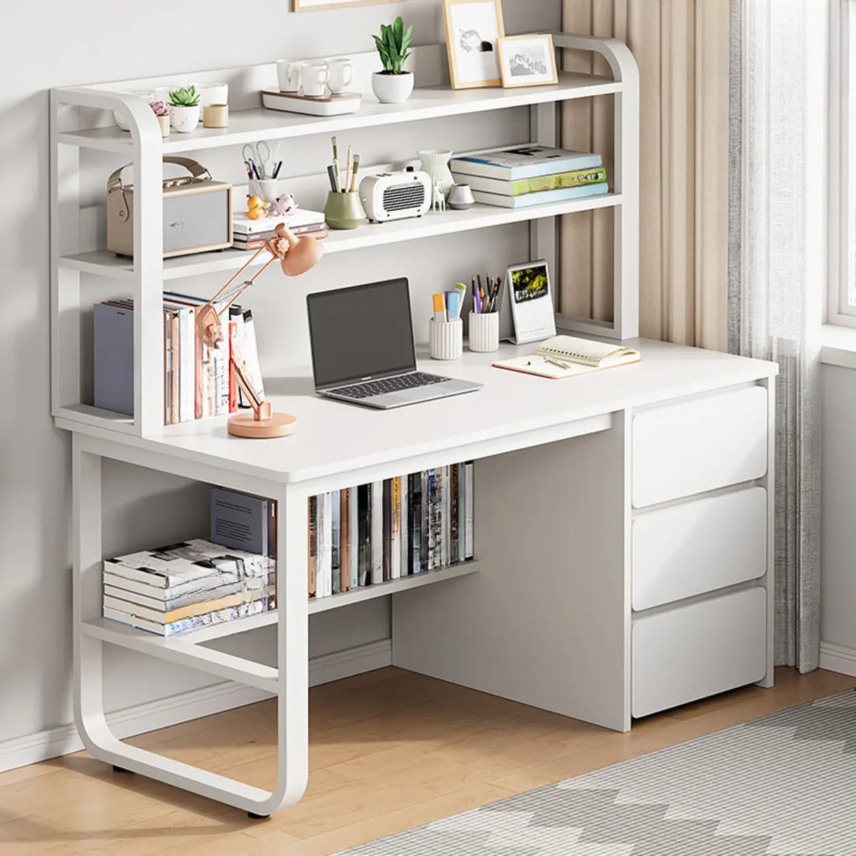 Standard Wooden Writing Desk with Drawers and Shelves Image - 9