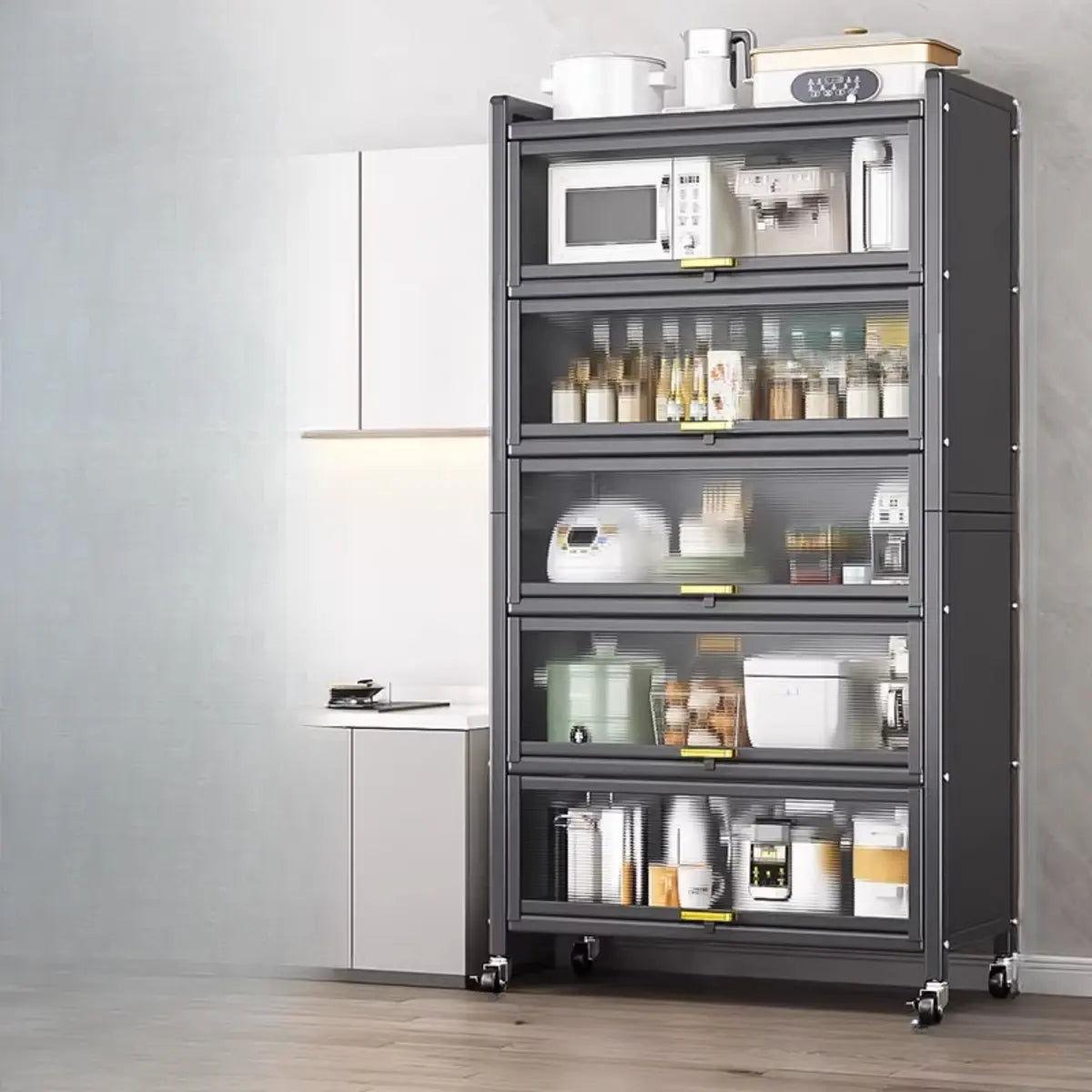 Steel Dining Hutch Storage China Cabinet Pantry Grey Image - 3