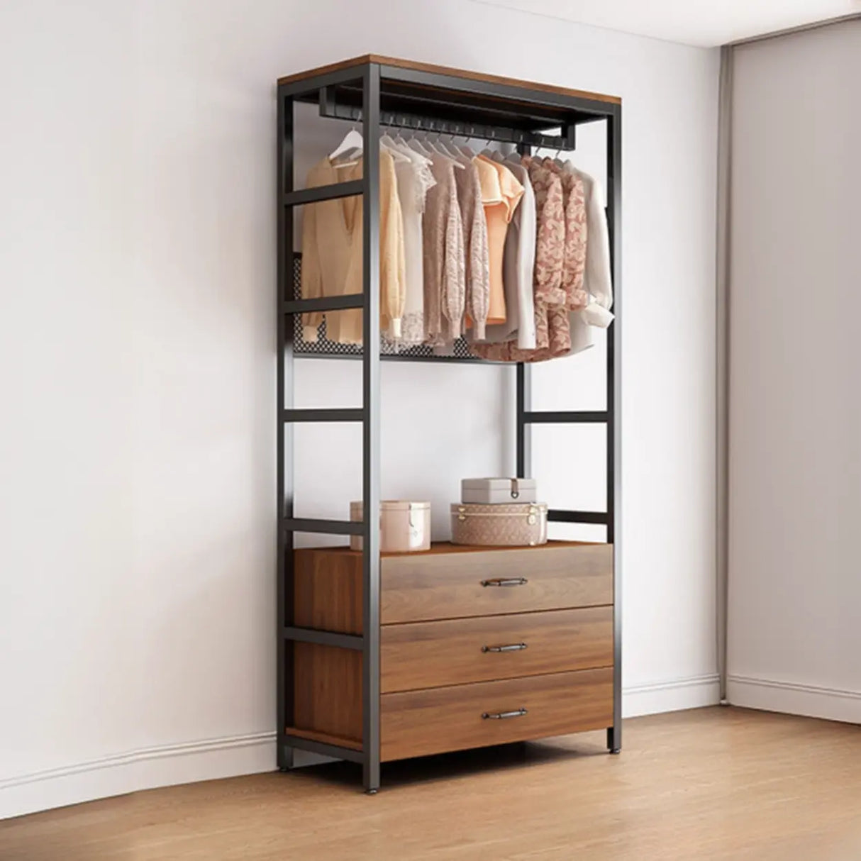 Steel Frame Closet Black Storage Drawer Hall Coat Rack Image - 10