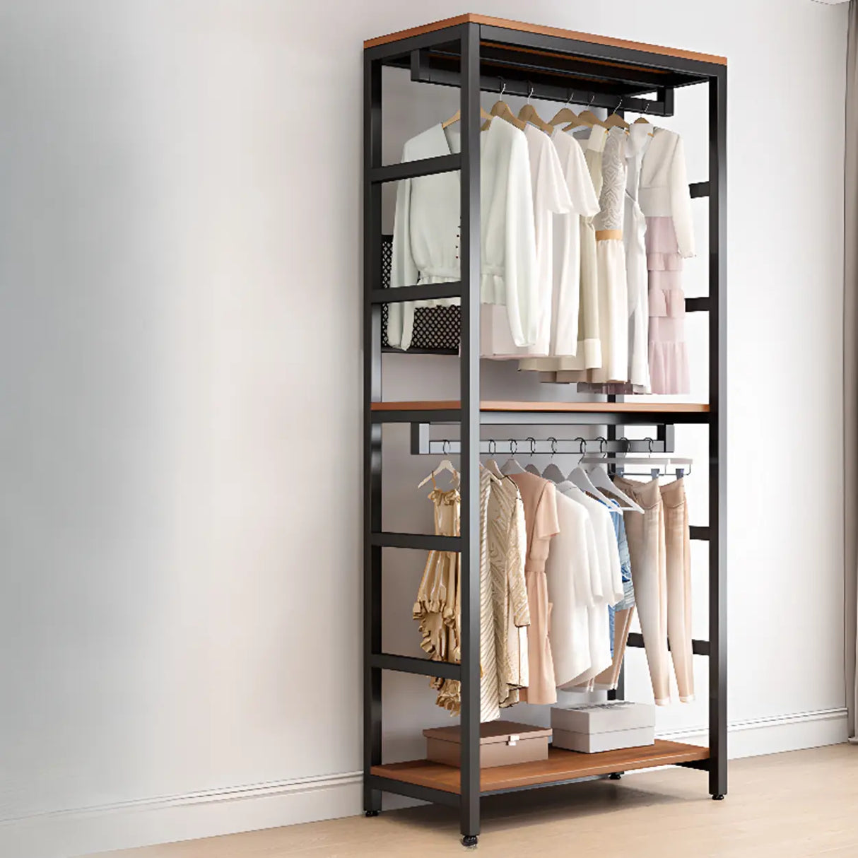 Steel Frame Closet Black Storage Drawer Hall Coat Rack Image - 15