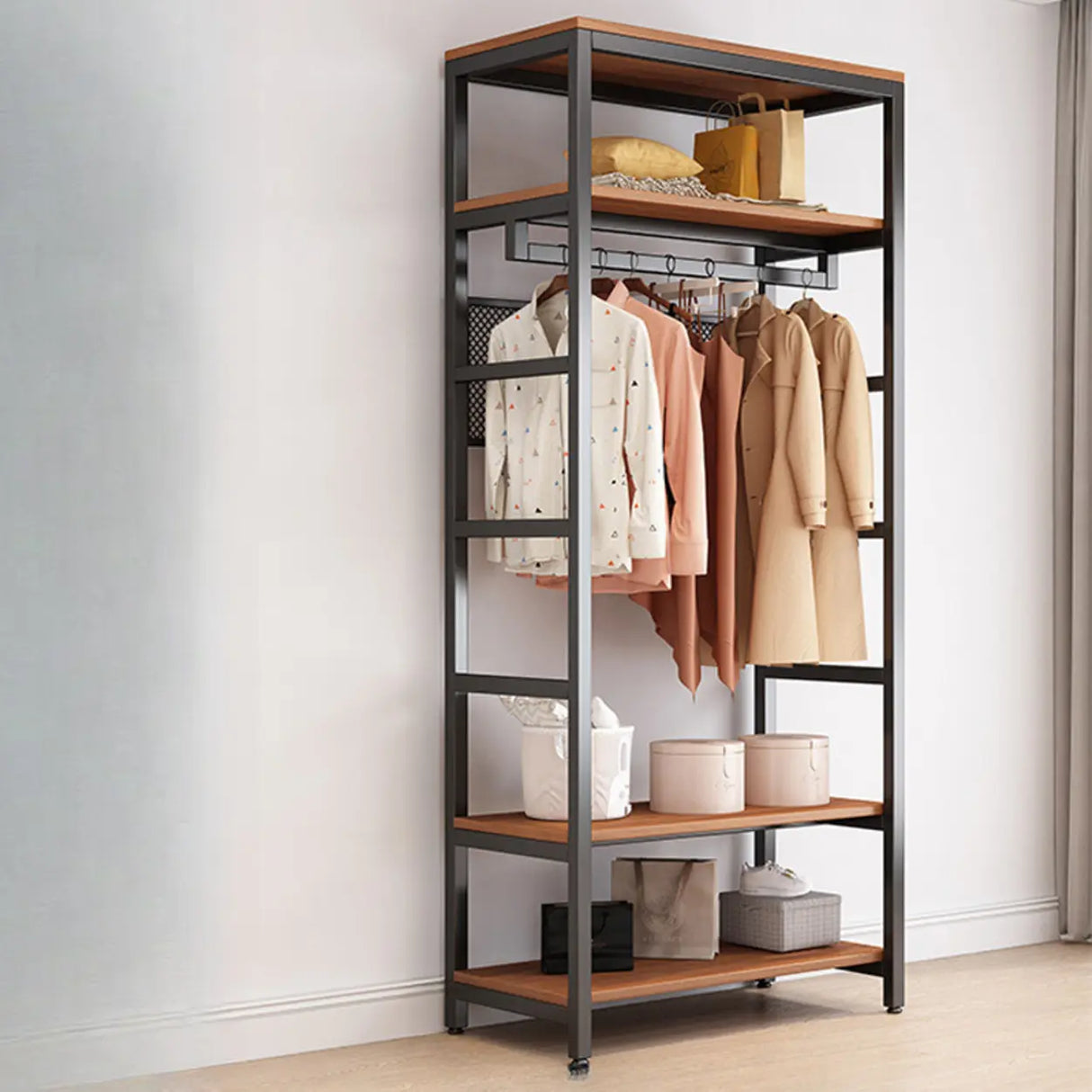 Steel Frame Closet Black Storage Drawer Hall Coat Rack Image - 16