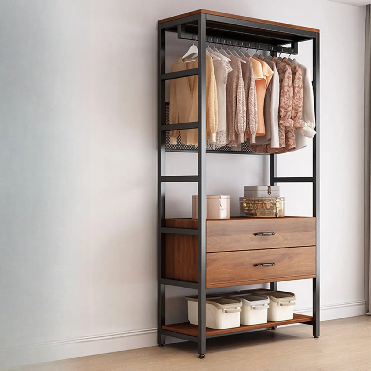 Steel Frame Closet Black Storage Drawer Hall Coat Rack Image - 17