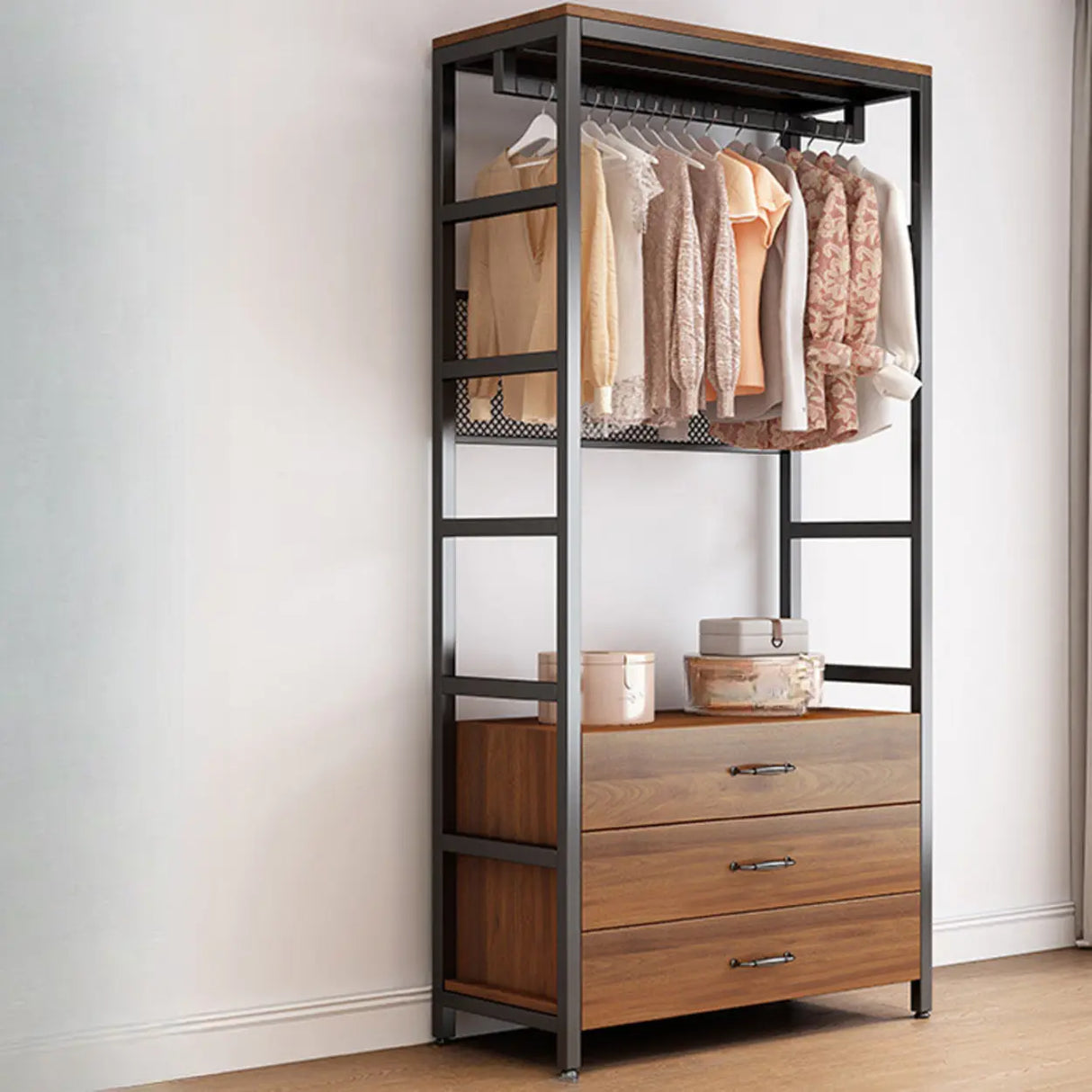 Steel Frame Closet Black Storage Drawer Hall Coat Rack Image - 18