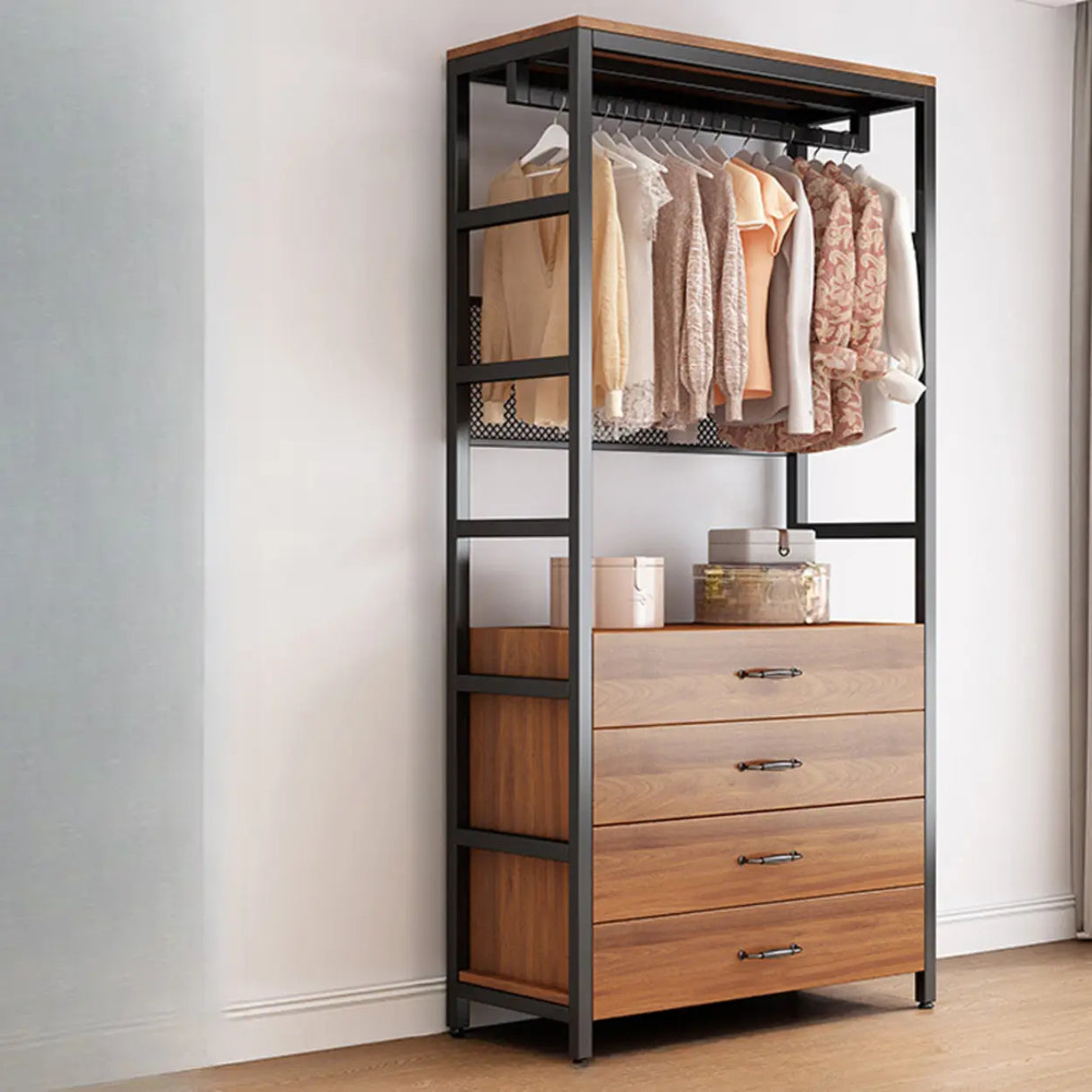 Steel Frame Closet Black Storage Drawer Hall Coat Rack Image - 19