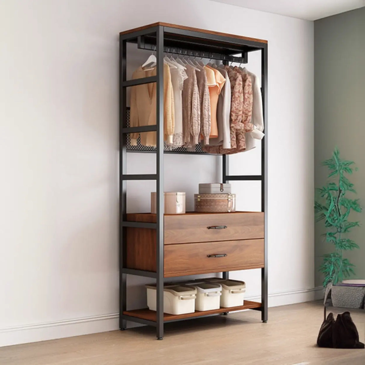 Steel Frame Closet Black Storage Drawer Hall Coat Rack Image - 5