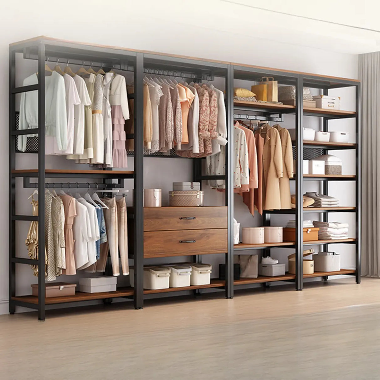 Steel Frame Closet Black Storage Drawer Hall Coat Rack Image - 7