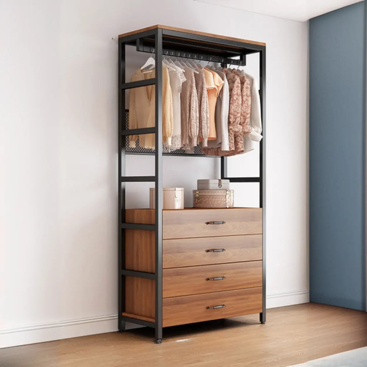 Steel Frame Closet Black Storage Drawer Hall Coat Rack Image - 8