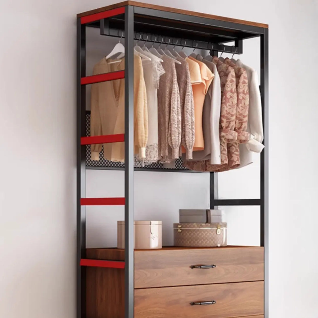 Steel Frame Closet Black Storage Drawer Hall Coat Rack Image - 9