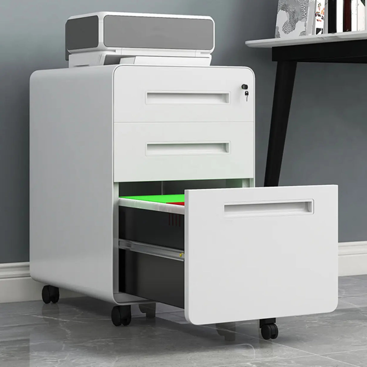 Steel Mobile Filing Cabinet White Key Lock with Casters Image - 1
