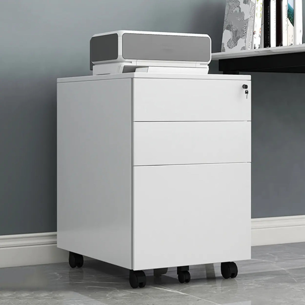Steel Mobile Filing Cabinet White Key Lock with Casters Image - 3