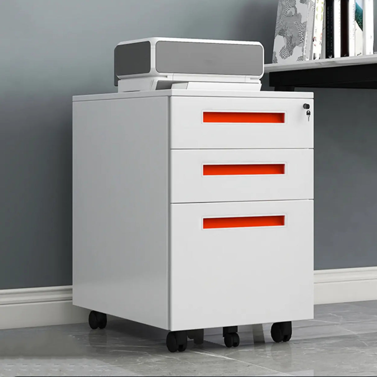 Steel Mobile Filing Cabinet White Key Lock with Casters Image - 7